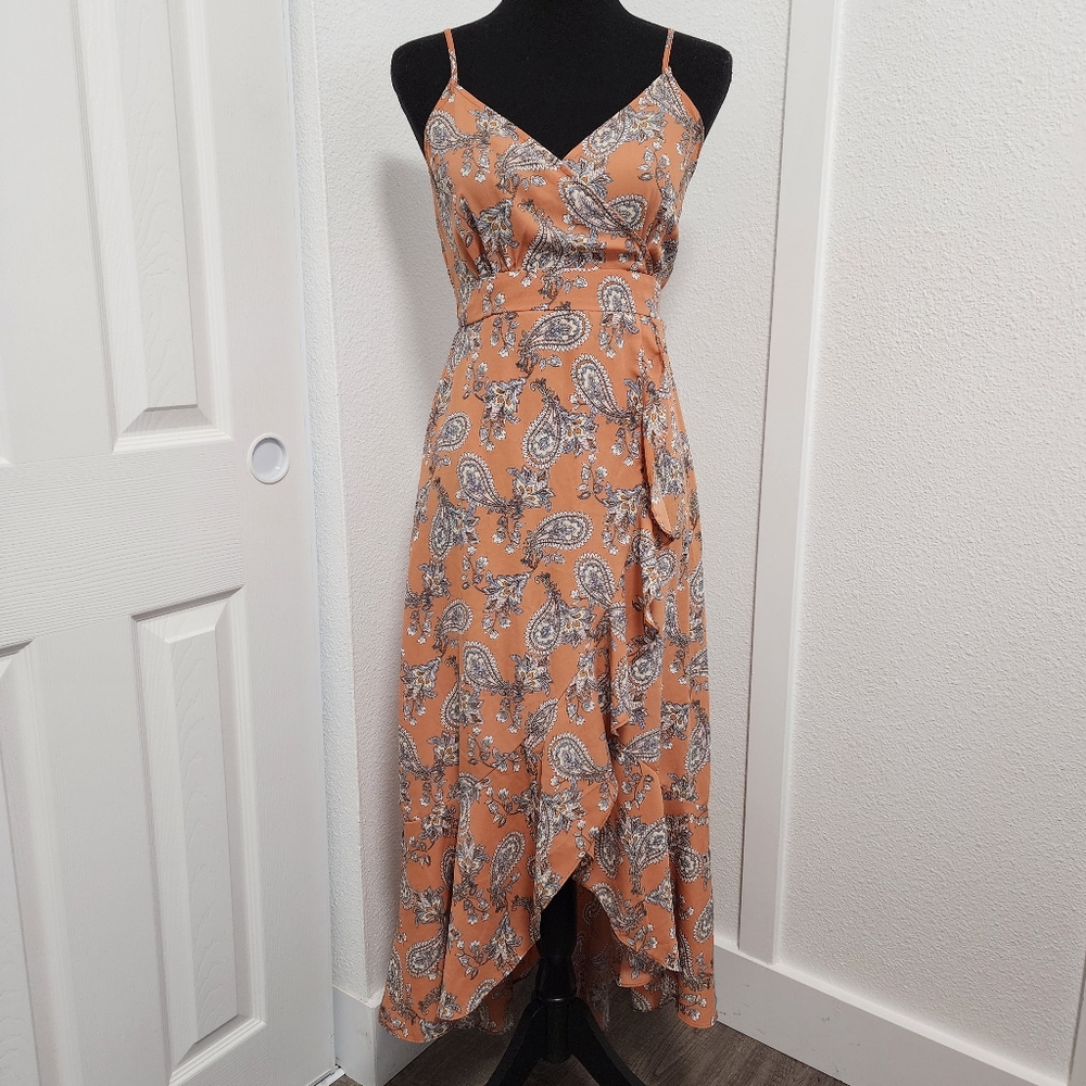 Inspired Hearts Boho Apricot Paisley High-Low Ruffle Halter Midi Dress